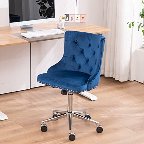VINGLI Navy Blue Velvet Armless Home Office Desk Chair with Gold Base/Wheels, Cute Vanity/Makeup Chair with Back for Bedroom, Upholstered Adjustable Rolling Swivel Nail Chair for Women/Girls