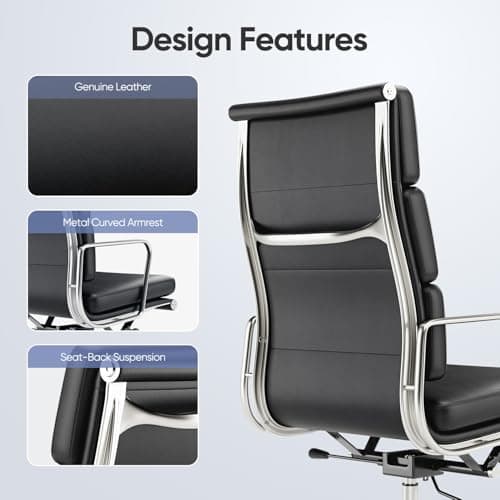 Genuine Leather Office Chair, Padded Executive Desk Chair with Arms and Wheels, Modern Rolling Leather Desk Chair with Lumbar Support, Ergonomic Chair with Aluminum Arms and Base Black 8