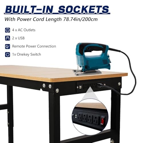 60'' Adjustable Workbench with Power Outlet, 2000 Lbs Capacity Work Benches for Garage, Wood Heavy Duty Work Bench,Shop Table for Shop Office Home Commercial 5