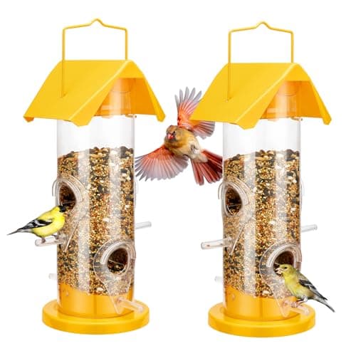 Veehoo 2 Packs Tube Bird Feeders for Outdoors Hanging-Wild Bird Feeder Tube with 4 Feeding Ports for Outside Hanging, Hard Plastic Weatherproof Hanger Bird Feeder-Hanging Bird Finch Feeder Yellow 8