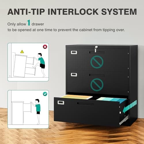 SISESOL 3 Drawer Lateral File Cabinet with Lock,Black Lateral Filing Cabinet,Horizontal Metal Filing Cabinet,Locked Wide Three Drawer File Cabinet for Office Home,Fit A4/F4/Letter/Legal File 7