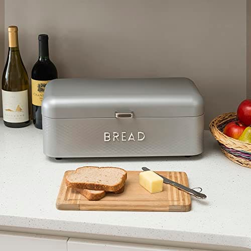 Soho Bread Box For Kitchen Countertop, Metal, (Grey) | By Home Basics, Vented With Hinge Top | Large Bread Box | Keeps Loaves, Bagels, Croissants Fresh 6