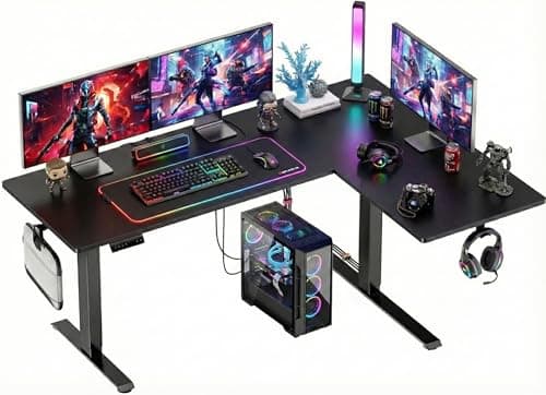HUANUO Dual Motor L-Shaped Standing Gaming Desk, 71 x 48 inch Corner Standing Desk, Electric Adjustable Gamer Computer Table with Cable Tray & 3 Preset Heights, Raising Table for Home Office, Black