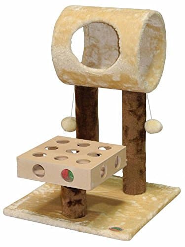 Go Pet Club 26" IQ Busy Box Cat Tree Kitty Scratcher Kitten Condo Tower House Furniture with Tunnel and Toys for Indoor Cats, Beige/Brown