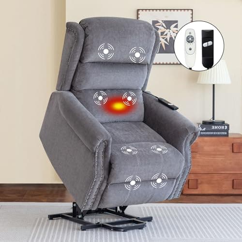 Oversized Power Lift Recliner Chair for Elder, Ergonomic Recliner Sofa with 8 Point Vibration Massage and Heat, Fabric Overstuffed Recliner with USB Ports, Vintage Rivet