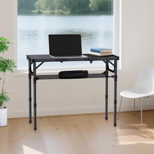Anbte Folding Camping Table with Storage Net, 3ft Camping Table Aluminum Folding Table with 3 Adjustable Height Max 27.5 Inch Picnic Table Portable Table for Outdoor Backyard BBQ, Pure Black 8
