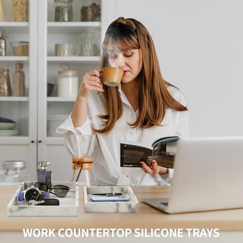 BBK Bathroom Vanity Tray - 2 Pack (7.8" and 11.8") Silicone Bathroom Trays for Counter, Perfume Key Trinket Ring Tray, Decor Soap Dispenser Countertop Tray for Kitchen Sink Organization (Marble Gray) 5