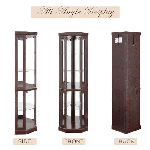 Eyisean 70" Lighted Corner Curio Cabinet, Wood China Display Case with Tempered Glass Doors & Adjustable Shelves, Light Bulb Included, Tall Wine Storage Rack for Bar and Liquor Storage (Dark Cherry) 7