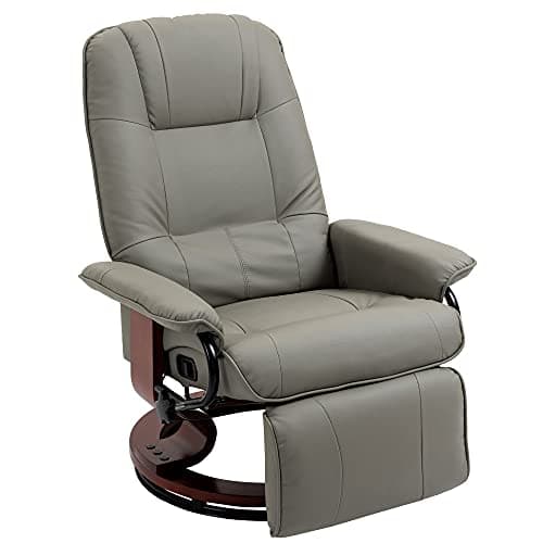 HOMCOM Swivel Recliner Chair, PU Leather Reclining Armchair with Retractable Footrest, Lounge Chair with Wood Base and Adjustable High Back for Small Spaces, Living Room, RV, Bedroom, Gray