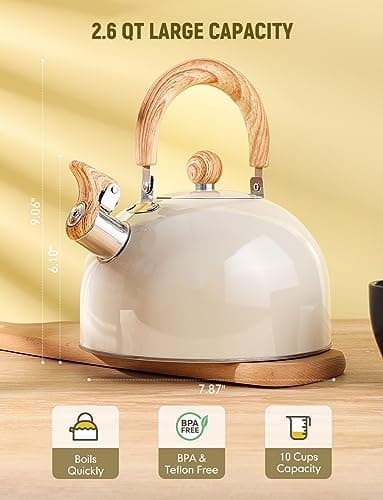 VARLEAS Whistling Tea Kettle for Stovetop, Surgical-Grade Stainless Steel Tea pot Kettles with Stay-Cool Ergonomic Handle, 2.6 Quart Rapid Boiling Teapot for Home Kitchen - Milk White, VAR-2.5L-MWT 7