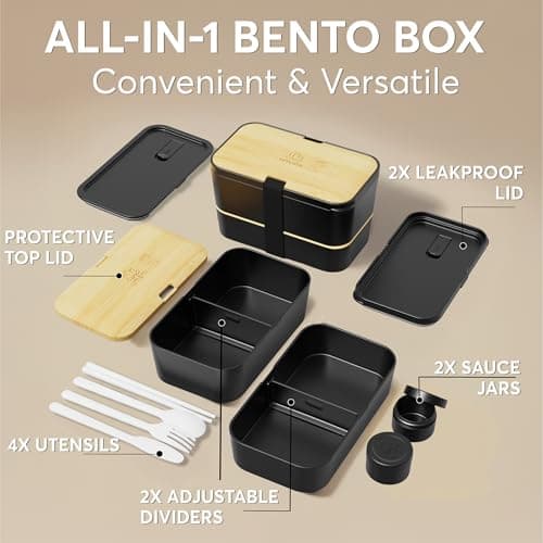 Umami Bento Box All-in-1 w/ 4 Utensils, 100% Leakproof, Dishwasher & Microwave Safe Lunch Containers for Adults w/ 4 Compartments, Black & Tan, 50 oz 5