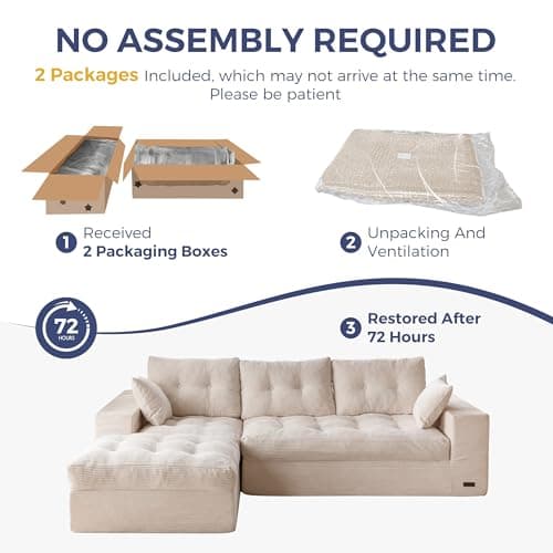 MAXYOYO 104" L Shaped Modular Sectional Sofa with Ottoman, Cloud Boneless Couch with Layered Cushion, Upholstered Sofa in a Box, Flexible Module Combination for Living Room, No Assembly, Beige 9