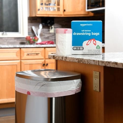Amazon Basics 13 Gallon Tall Kitchen Drawstring Trash Bags, White with Red Drawstring, 10% Post Consumer Recycled, 200 Count 5