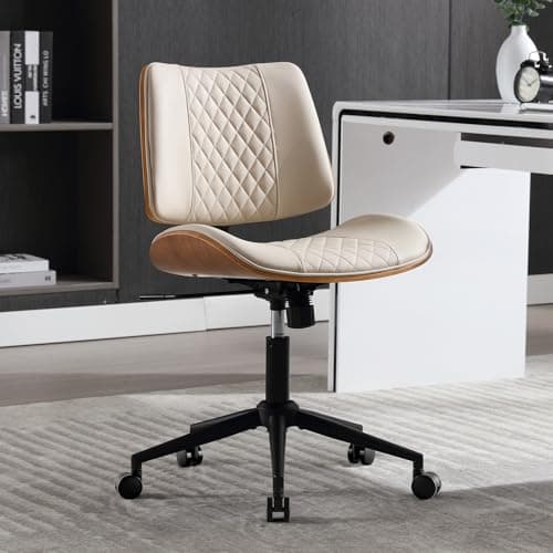 BERYTH Home Office Chair No Arms with Wheels, Adjustable Height Small Desk Chair, PU Leather Mid Back 360 Swivel Computer Chair, Armless Modern Walnut Chair for Office, Reading Meeting Room(Beige)