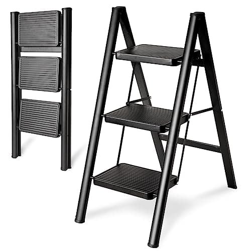 Double Elite Step Ladder 3 Step Folding, Sturdy 330 Lbs Load Small Step Stool for Adults, Safer Full Steel Multi-use Kitchen Ladder for Home, Closet Step Stool Ladder with Wide Pedals, Black, 3-Step