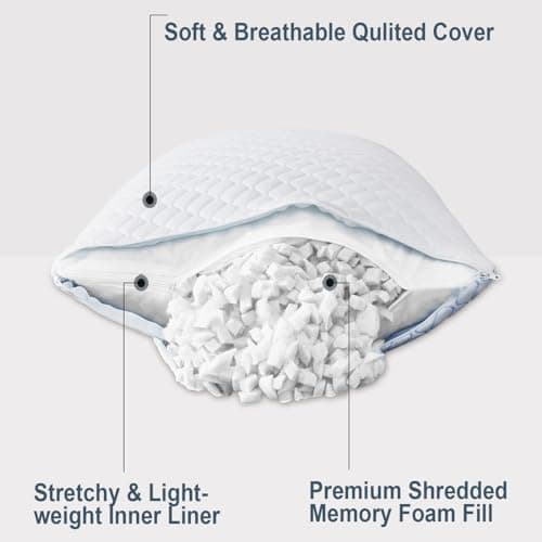 Uniqwamer Cooling Bed Pillows for Sleeping 2 Pack Shredded Memory Foam Adjustable Pillows Standard Size Set of 2 for Side Back Sleepers - Luxury Extra Comfy Gel Pillows with Washable Removable Cover 6