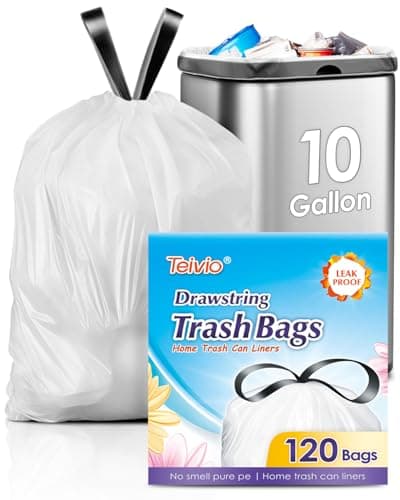 10 Gallon 120 Counts Strong Drawstring Trash Bags Garbage Bags by Teivio, Bathroom Trash Can Bin Liners, Plastic Bags for home office kitchen, White