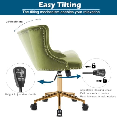 VINGLI Olive Green Velvet Armless Office Desk Chair with Gold Base/Wheels, Small Cute Vanity/Makeup Chair with Back for Bedroom, Upholstered Adjustable Rolling Swivel Nail Chair for Women/Girls 6