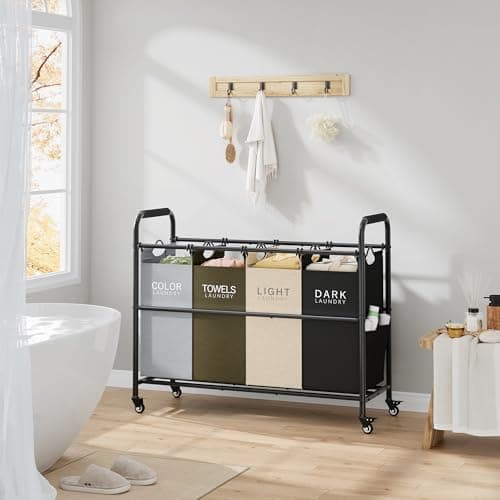 Tajsoon 4 Bag Laundry Sorter Cart, 4 Section Laundry Hamper Sorter with Heavy Duty Lockable Rolling Wheels, Laundry Separator Hamper with Removable Bags for Dirty Clothes Storage, 4 Colors 8
