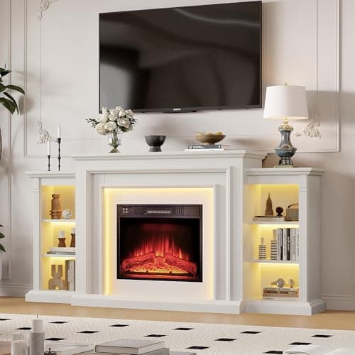 72" LED Lights Electric Fireplace with Mantel, Fireplace TV Stand for TVs Up to 80",Modern Entertainment Center with Storage, Delicate Three-Dimensional Molding with Remote Control for Living Room 5