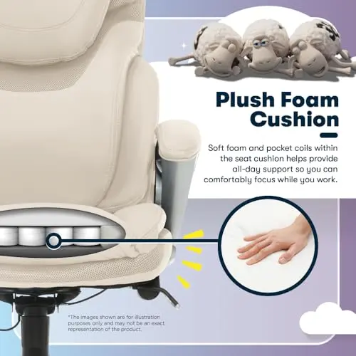 Serta Bryce Executive Office Chair, Ergonomic Computer Desk Chairs with Patented AIR Lumbar Support, Comfy Body Pillows, Height Adjustable, Swivel Base with Wheels, Bonded Leather, Cream 10