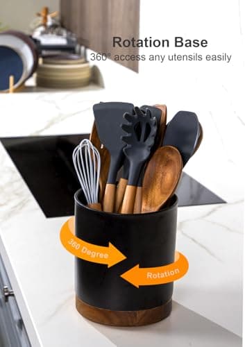 Nucookery 360°Rotating Utensil Holder, 7.2" Kitchen Utensil Crock, Ceramic Cooking Utensil Organizer with Countertop-Protection Cork Bottom for Farmhouse Kitchen Decor Christmas (Stone Black) 5
