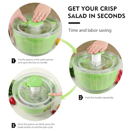 Ourokhome Salad Spinner Lettuce Dryer, One handed Easy Press Large Vegetable Dryer Salad Mixer with Comfortable and Retractable Pusher and Brake Button for Greens, Herb, Berries, Fruit, 6.3 QT, Green 6