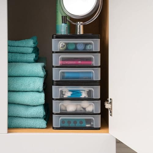 IRIS USA Plastic Stacking Desk Top 3-Drawer Storage Organizer, 2-Pack, for Makeup Vanity Nail Polish Bathroom Stationery Art Craft Supplies Kitchen Office Garage and Small Organization, Small, Black 8