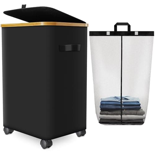 Laundry Hamper with Wheels,20 Gal (75L) Laundry Basket with lid Rolling Clothes Hamper Foldable Dirty Clothes Basket on wheels with Bamboo Frame and Bag for Bedroom, Dorm, Laundry Room-Black