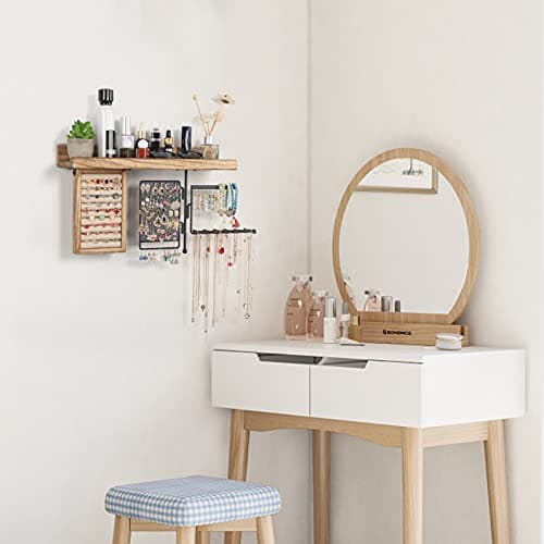 SOLIMINTR Hanging Jewelry Organizer Wall Mount with Rustic Wood Shelf, Ring Display Box, Ear Studs Earring Holder, Rotating Necklace Holder Organizer 5