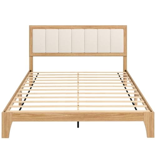 HOMCOM Queen Size Bed Frame with Upholstered Headboard, Platform Bed Frame with Wooden Slats, No Box Spring Needed, Easy Assembly, Natural 9