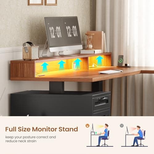 SEDETA Farmhouse L Shaped Standing Desk, 71" x 73" Height Adjustable Home Office Executive Desk with Drawers, Power Outlet, Monitor Stand, Sit Stand Table with Led Lights for Home Office, Black 8