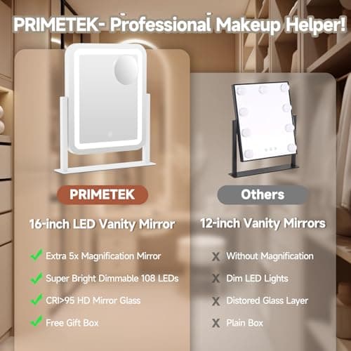 PRIMETEK Vanity Mirror with Lights, 16"x14" Large LED Lighted Makeup Mirror, Hollywood Makeup Mirror, Touch Screen, 3-Color Lighting, 5X Magnification, for Vanity Desk Tabletop, Bedroom, White 6