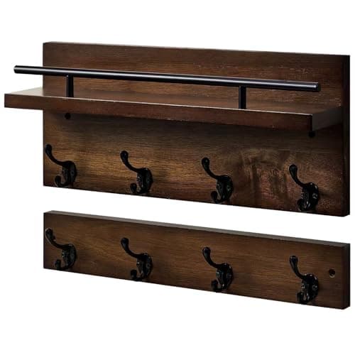 kansata Coat Rack Wall Mount with Shelf Set, Wooden Coat Hooks Key Holder for Wall, Heavy Duty Coat Hanger for Hanging Hats, Purses, Caps, Clothes, Pants - 8 Hooks (Acacia Wood, Dark Brown)