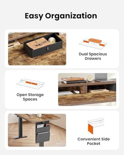 ErGear L Shaped Electric Standing Desk, 63" Ergonomic Corner Height Adjustable Desk with Drawers, Sit Stand Computer Table with Storage for Work Office Home, Vintage Brown 7