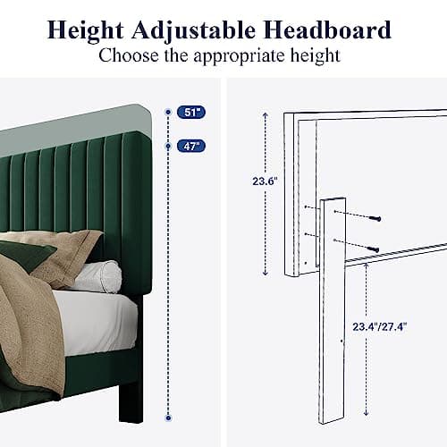 Allewie Queen Bed Frame, Velvet Upholstered Platform Bed with Adjustable Vertical Channel Tufted Headboard, Mattress Foundation with Strong Wooden Slats, Box Spring Optional, Easy Assembly, Green 6