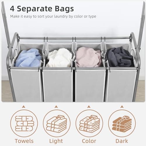 STORAGE MANIAC Laundry Sorter with Hanging Bar, Portable, Removable Laundry Hamper Cart with Heavy Duty Rolling Lockable Wheels and Removable Bags, Rolling Laundry Basket Organizer 181L, 4 Section 5
