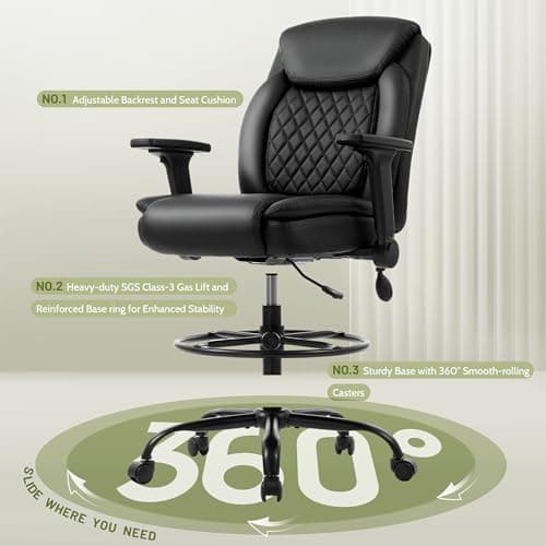 Drafting Chair,Executive Tall Office Chair Flip-up Armrests for Counter Height Desk Drawing Use,High Task Chair with Adjustable Foot Ring & Inflatable Lumbar Support, Swivel Computer Stool,PU Black 6