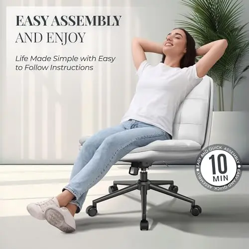 Criss Cross Desk Chair for Cross Legged Sitting, Easy to Assemble with Wheels - Premium Detachable Wheel and Swivel Design, Cozy White Ergonomic Office Chair with Wide Comfy Seating 5