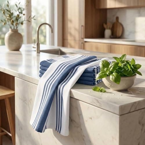 Urban Villa Kitchen Towels Blue White Striped 100% Cotton Set of 6, 20x30 Inch Oversized Dish Cloths, Highly Absorbent, Mitered Corners & Hanging Loop, Hand & Tea Towels, Dish Towels 6