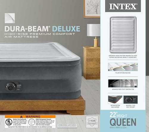 Intex 64417ED 22in Queen Dura-Beam Comfort Plush High-Rise Inflatable Air Mattress with Built in Pump for Travel and Camping, 600lb Weight Capacity 10