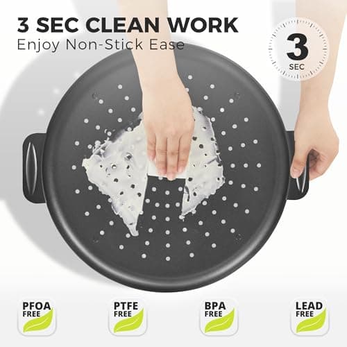 HONGBAKE 2 Pack Pizza Pan 14 Inch with Holes, Rust-Free Nonstick Pizza Pan for Oven, 0.8mm Carbon Steel Perforated Pizza Tray with Wider Handles, Round Baking Sheet for Frozen & Homemade Pizza, Grey 6