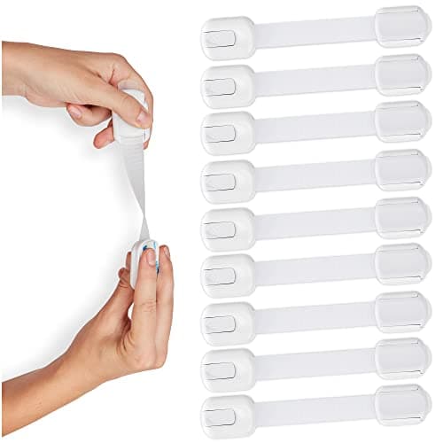 Child Safety Strap Locks (10 Pack) Baby Locks for Cabinets and Drawers, Toilet, Fridge & More. 3M Adhesive Pads. Easy Installation, No Drilling Required, White 8