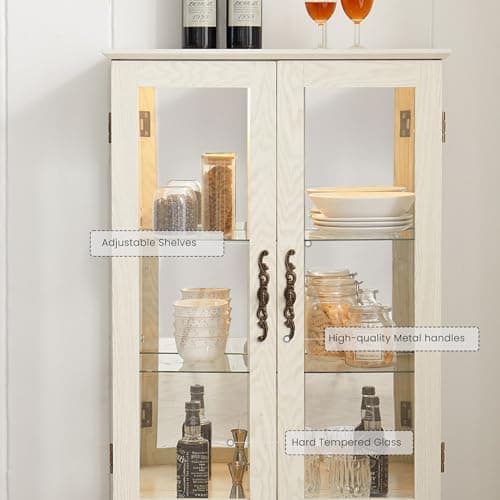 47" Lighted Glass Accent Curio Cabinet, 3-Tier Antique Storage Cage with Adjustable Shelves & Drawer, Acrylic Mirrored Pane, Light Blub Included, Small China Cabinet for Living Room (Antiqe White) 8