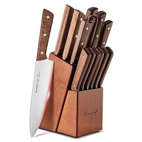 Emojoy Knife Set, 15-Piece Kitchen Knife Set with Block Wooden, Kitchen Knives Sharpener and Scissors German Stainless Steel (Brown)