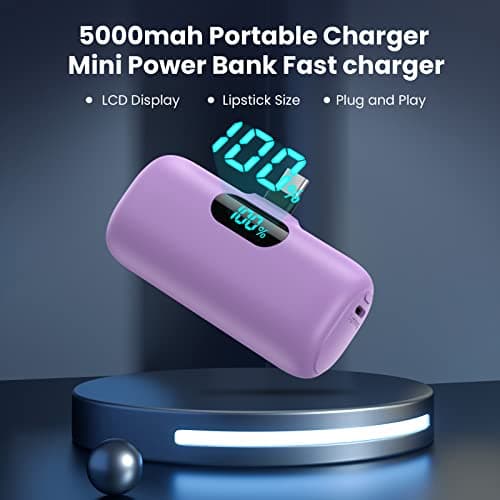Mini Portable Charger 5000mAh Power Bank, 15w PD USB C Cell Phone Portable Power, LCD Display Battery Pack Compatible with Android Phone/Samsung Galaxy S22,S21/Note/Pixel/OnePlus 9 etc (Light Purple） 5