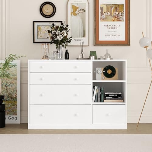 Timechee Changing Table Dresser, Baby Classic Nursery Dresser with 5 Drawers and 2 Shelves, Multi-Functional Baby Changing Table, Diaper Changing Station for Children's Room, White 6