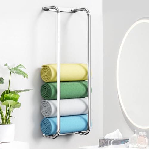 Towel Rack Wall Mounted, Bathroom Towel Storage, Stainless Steel Towel Racks for Bathroom, Bath Towel Holder Organizer for Folded Large Towel Washcloths, Easy to Install, Silver