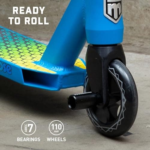 Mongoose Rise 110 Elite Freestyle Stunt Trick Scooter, Lightweight Alloy Deck & Heavy-Duty Frame Up to 220 lbs., Bike-Style Grip, Wheel Pegs Included, Blue/Yellow 5