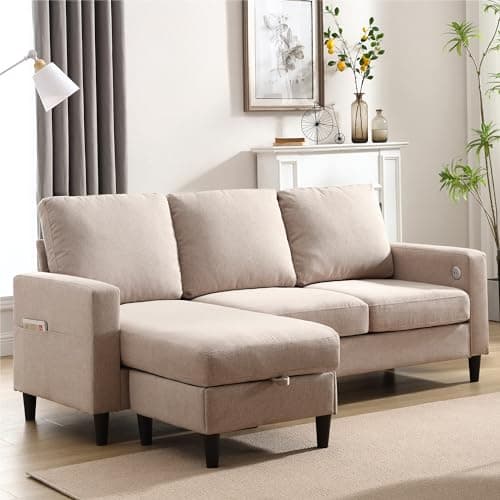 Siiejia Convertible Sectional Couches for Living Room, L-Shaped Couch 3 Seats Sofas with Storage Chaise & TPC Charging Port, Small Sofa for Apartment, Compact Spaces, Linen, Beige